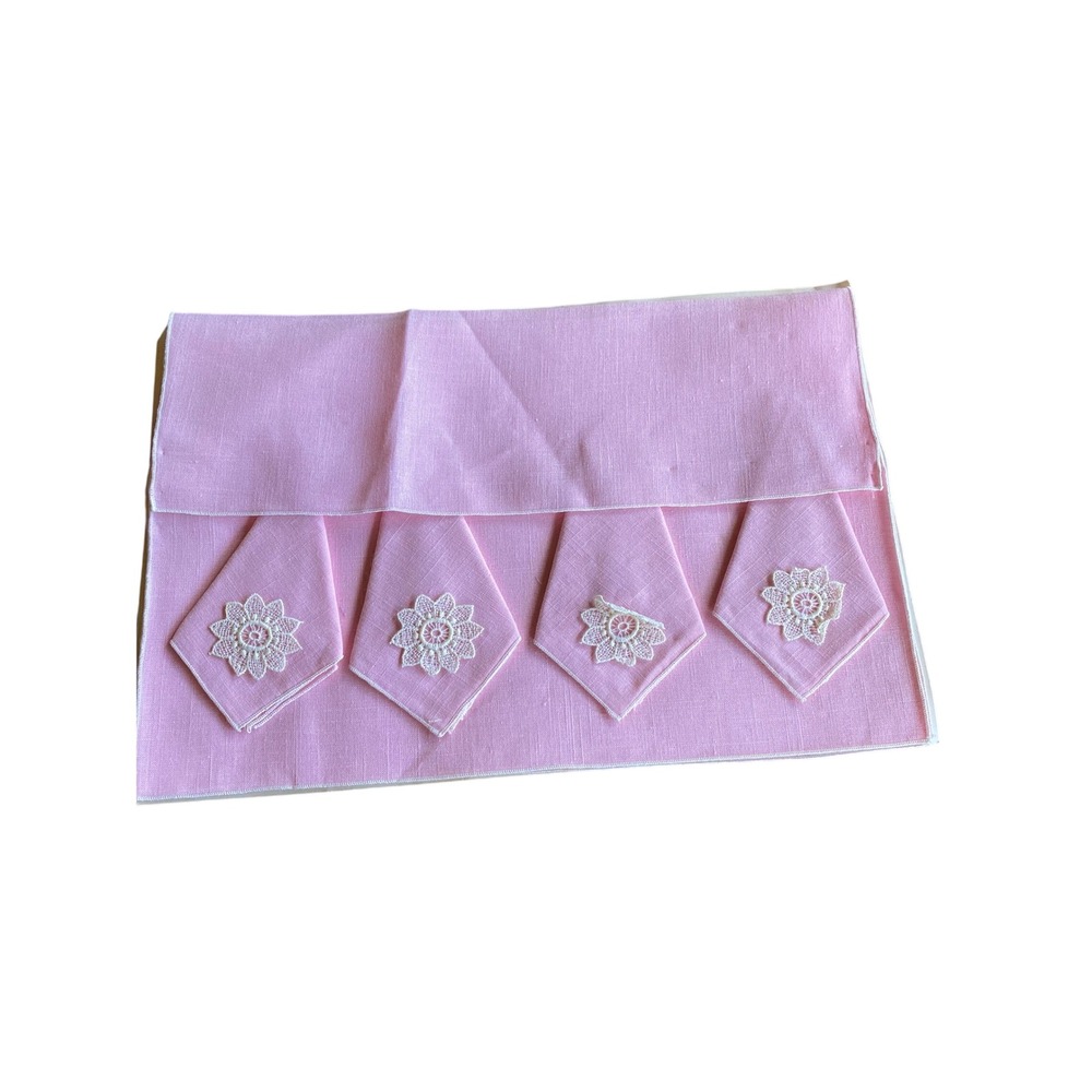 Vintage Pink Linen Napkin Placemat Set 8p White Lace Floral Applique Mid Century